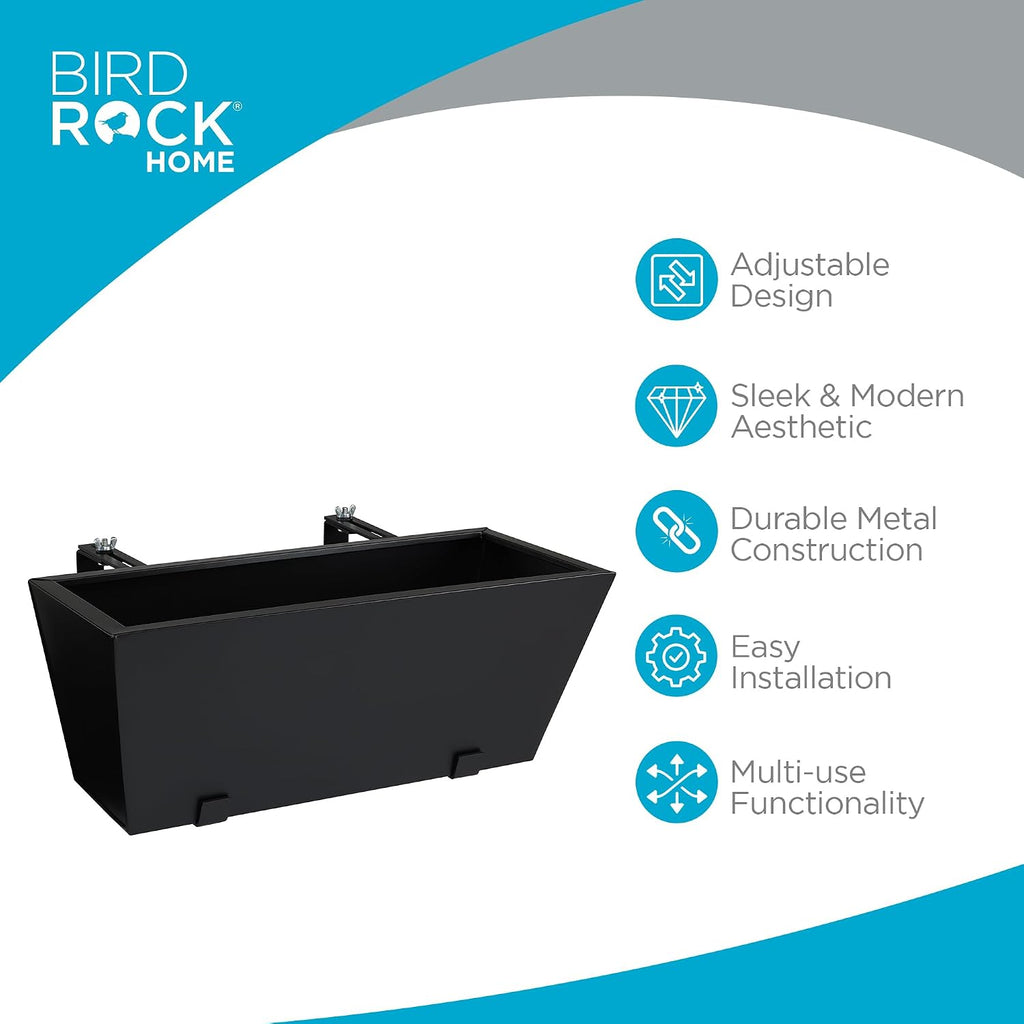 BIRDROCK HOME 2pk Metal Railing Planter Box | Flower Boxes for Deck Railings | Adjustable Rail Hanging Bracket | Black