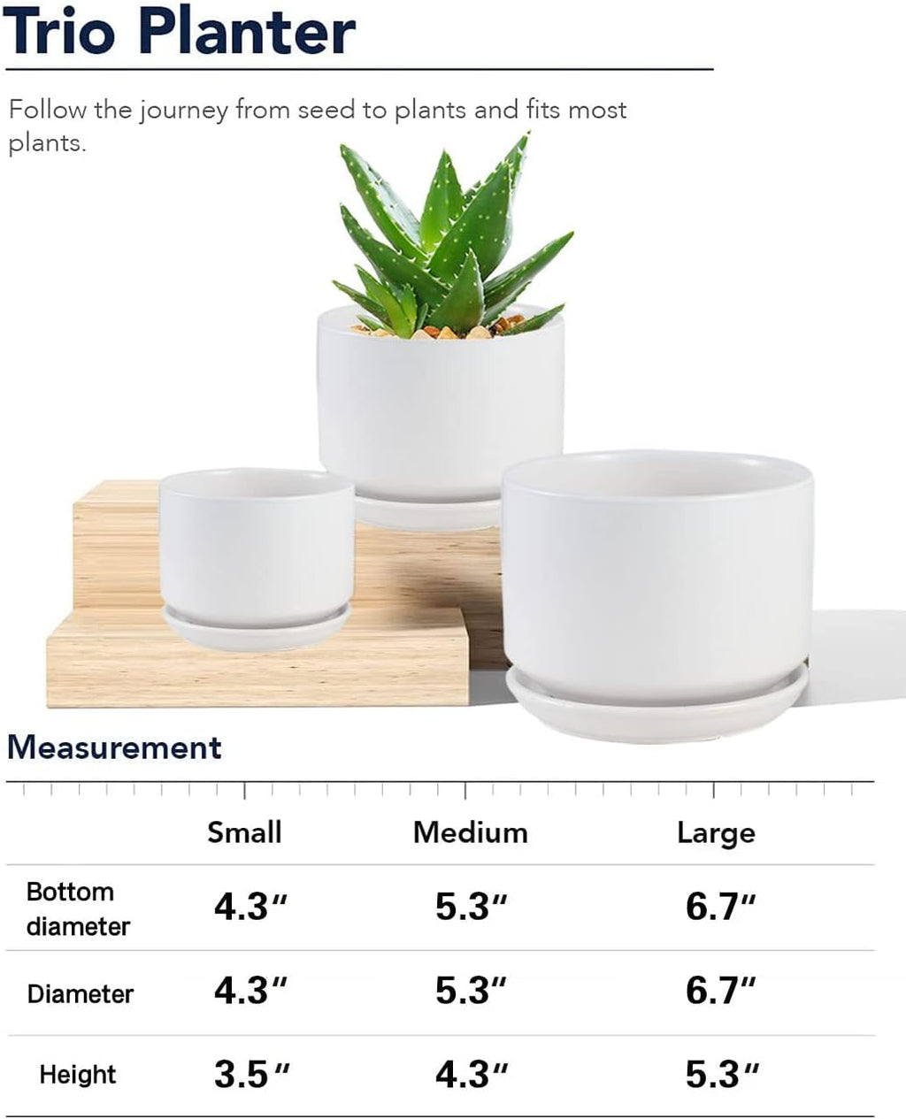 Ceramic Plant Pots with Drainage Hole and Saucer,Modern Indoor Pots for Plants,Ceramic Planter 4.3/5.3/6.7 inchs Set of