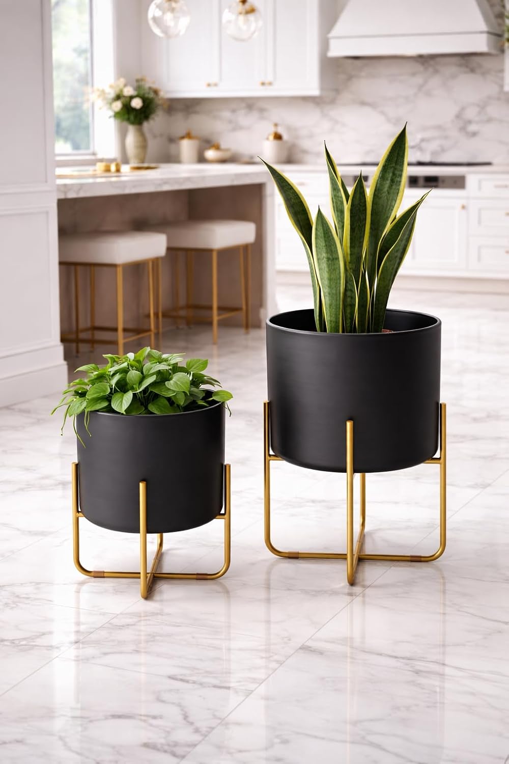 Kirpi Modern Planter Pots, Set of 2 Round Black Planters with Gold Stand, Decorative Floor Planters, Steel Pots with