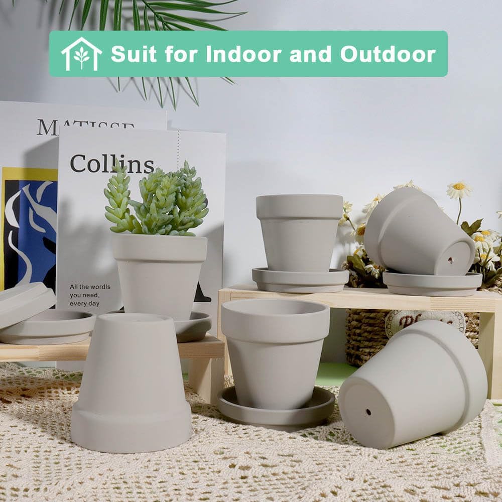 3 Inch Grey Terracotta & Clay Pots with Saucer, 12 Pack | Clay Flowerpot with Drainage, Nursery pot for succulents