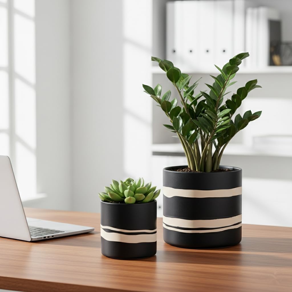 Nihow Ceramic Modern Plant Pot with Drainage for Indoor Plants,5+7 inch | set of 2,Black,Cylinder Flower Pot with
