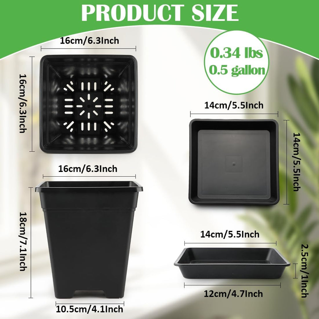 6 inch Plant Pots, 10 Pack Flower Pots Outdoor Indoor, Square Plastic Planter with Drainage Holes and Saucers, 0.5