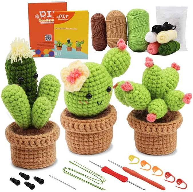 DIY Crochet Kit for Beginners, Potted Cactus Plants Set with Yarn, Hooks, Stitch Markers, Stuffing