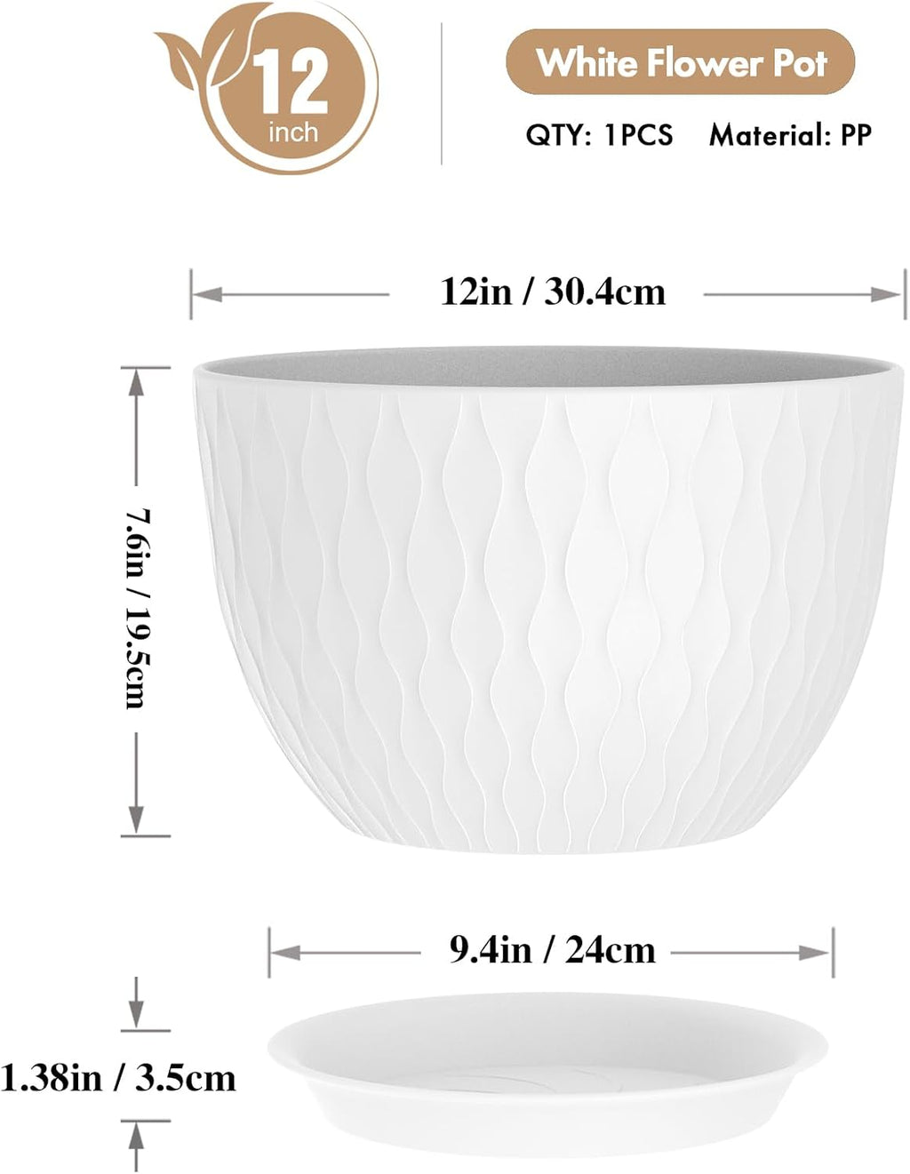 WSMKSZ 12 Inch Large Plant Pots for Indoor or Outdoor Plants, Wide Water Ripples Flower Pots with Drainage Holes &