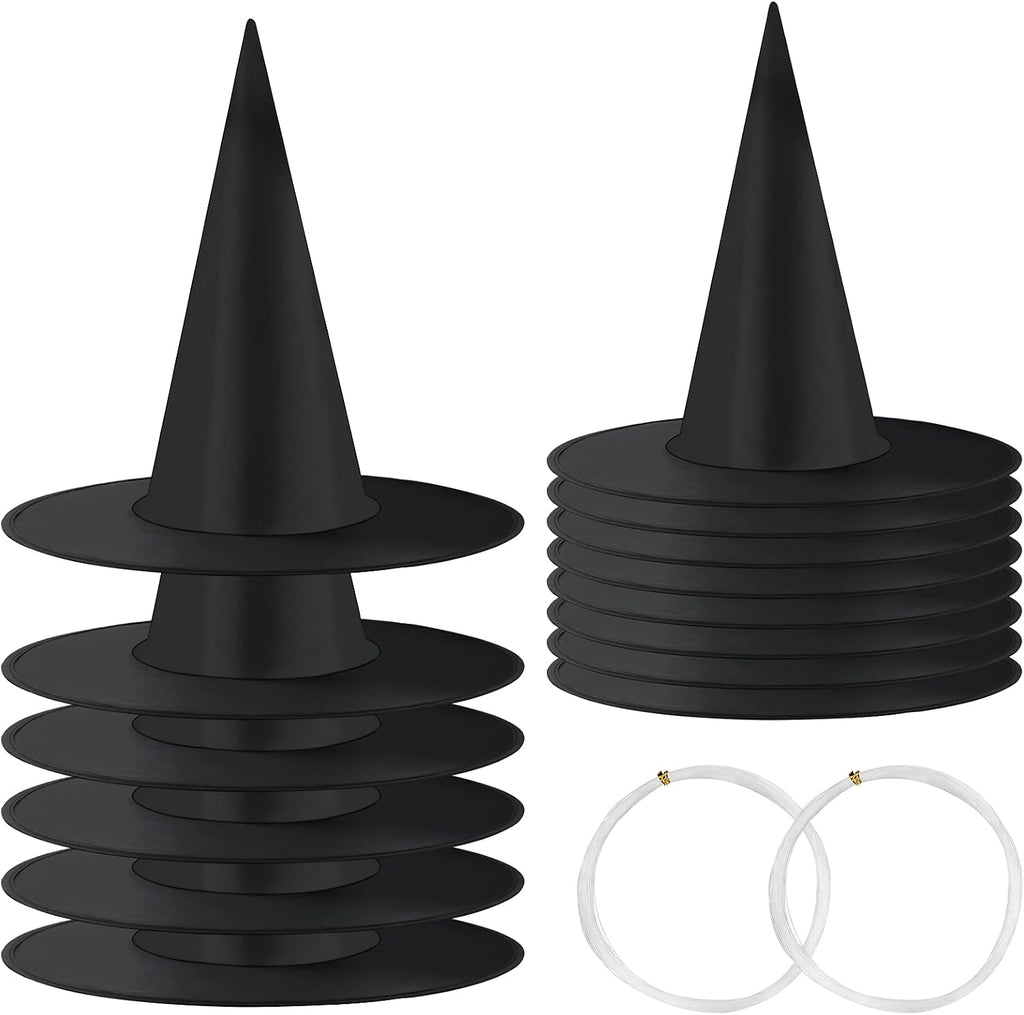 Witch Hat, 14 Pack Halloween Hanging Witch Hats with 200 Feet Hanging Rope, Witch Costume Accessory for Halloween Party Yard Decoration and Carnivals - Black