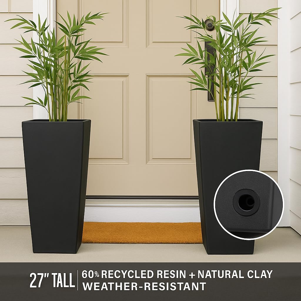 GreenShip 27 Inch Tall Planters Set of 2, Black Outdoor Planters | Weather resistant design with drainage hole and