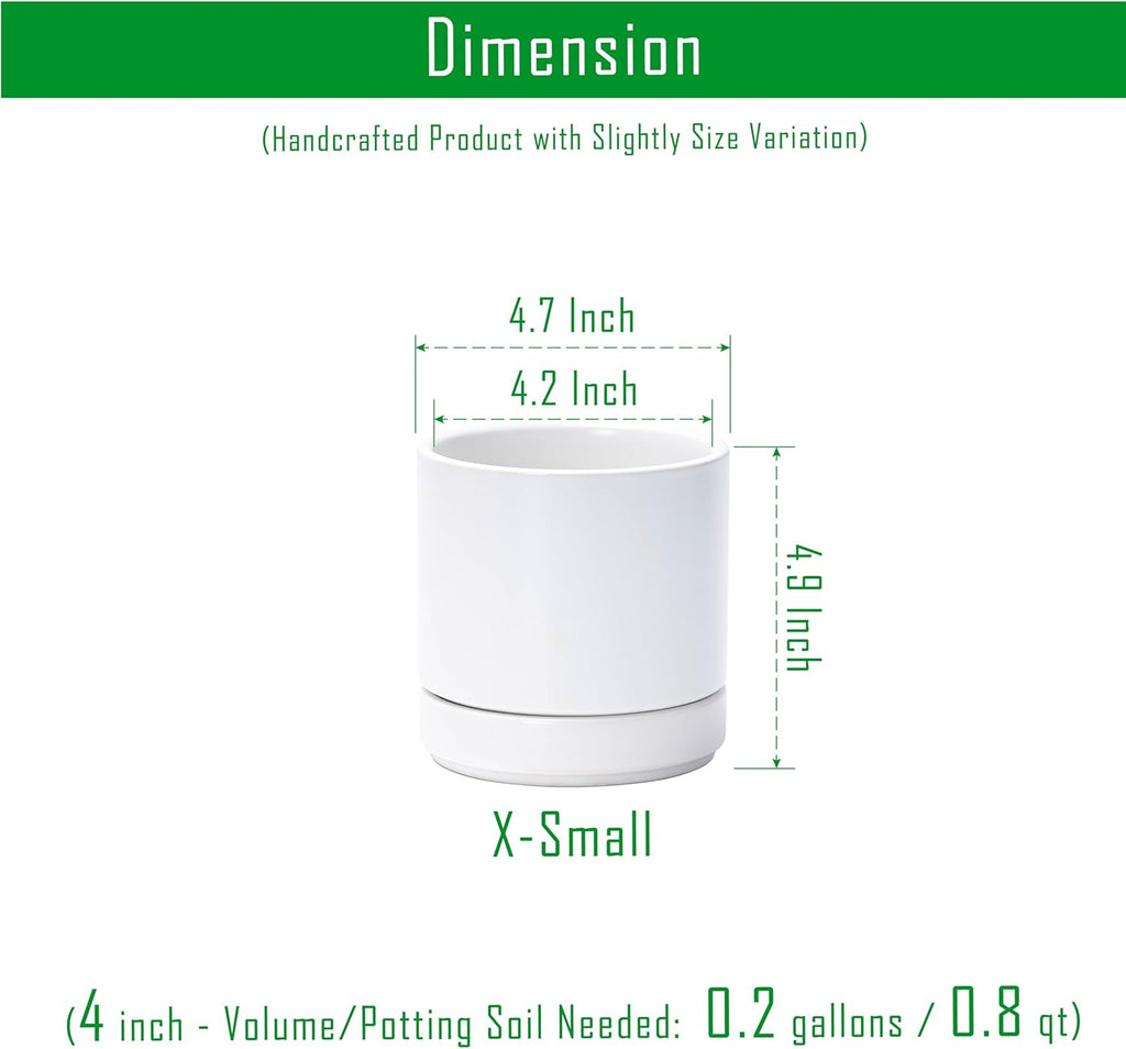 D'vine Dev 4-Pack Ceramic Pots with Saucers, White, 4.7 in, 94-X-B-1 | Glazed Ceramic, Drainage Hole and Saucer, Sleek