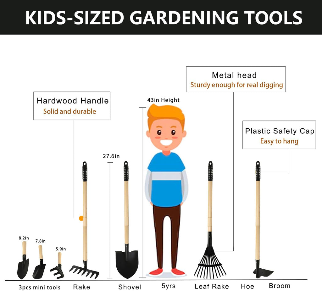Kids Rake and Shovel Sets, 7PCS Child Metal Gardening Tools for Real Digging-Great for Garden, Yard, Sandbox, Lawn