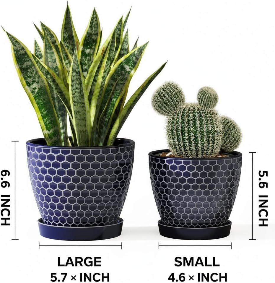 Docrin Blue Honeycomb Ceramic Plant Pot Set - 6.6"+5.5" Inch, Modern Decorative Planters with Drainage Holes & Saucers