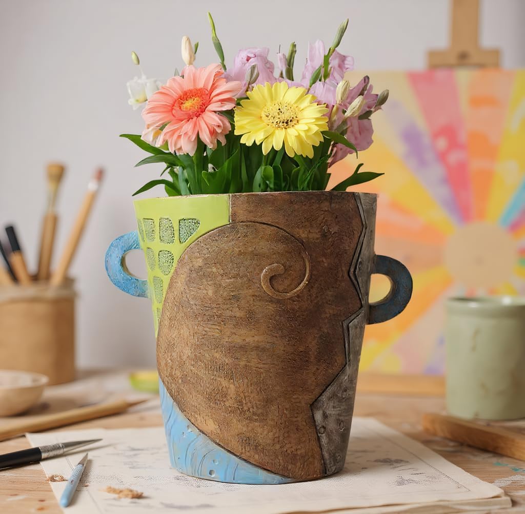 Picasso Abstract Face Flower Pot,Unique Resin Crafted Planter with Drainage Holes,Interesting Colorful Planter with