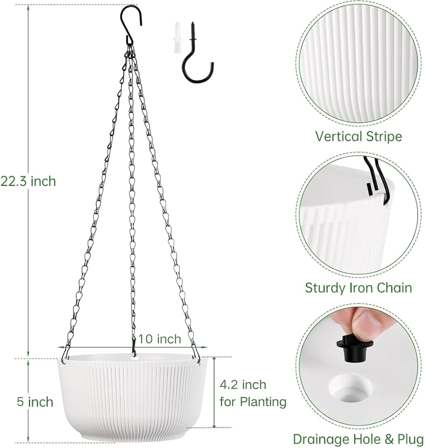 10 Inch White Hanging Planters for Outdoor Indoor Plants - Set of 2 | Self-Watering Hanging lant Pots with Internal