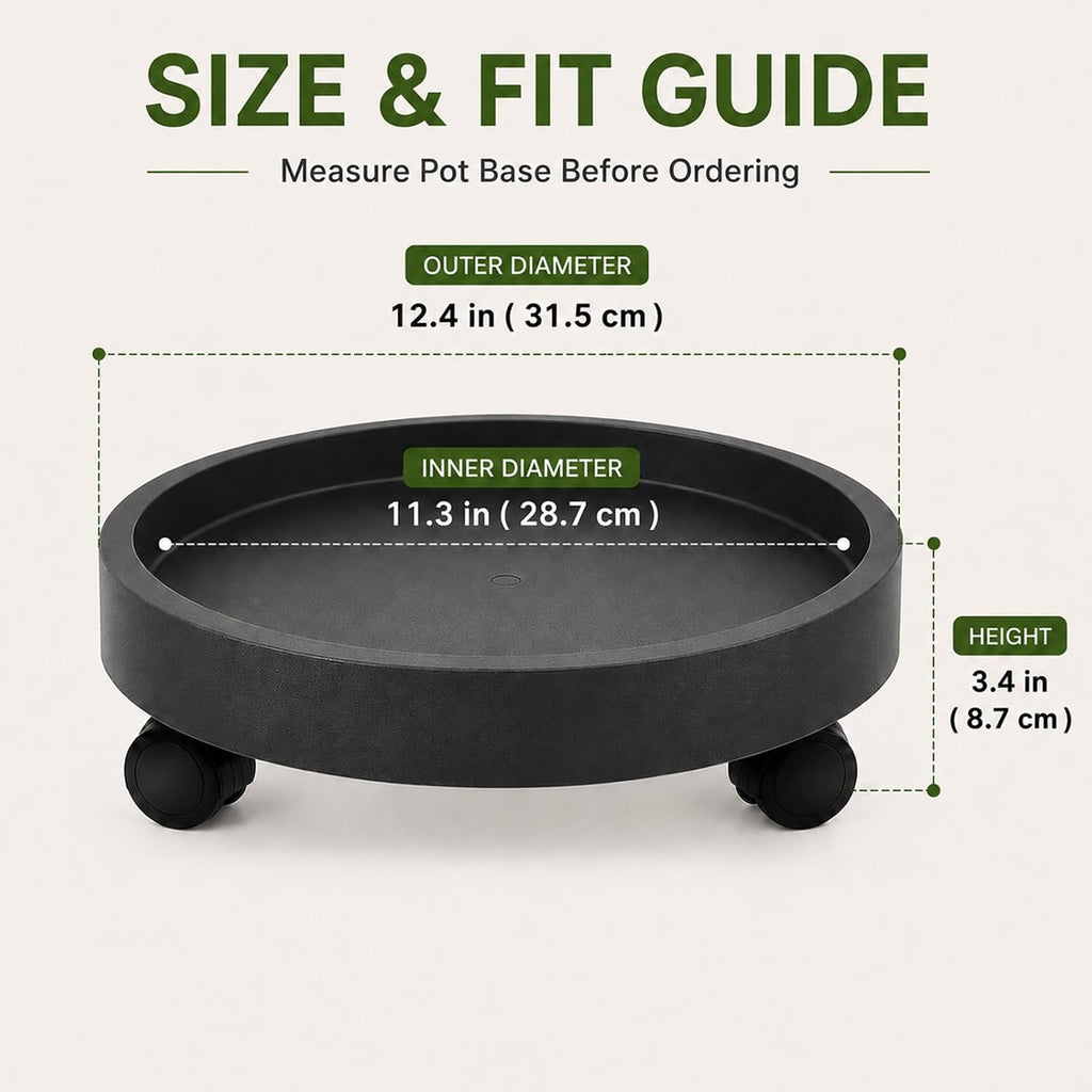 2 Pack 12.4" Plant Caddy with Wheels, Heavy Duty Rolling Plant Stand Dolly | Pot Feet & Water Removal Dropper, Black