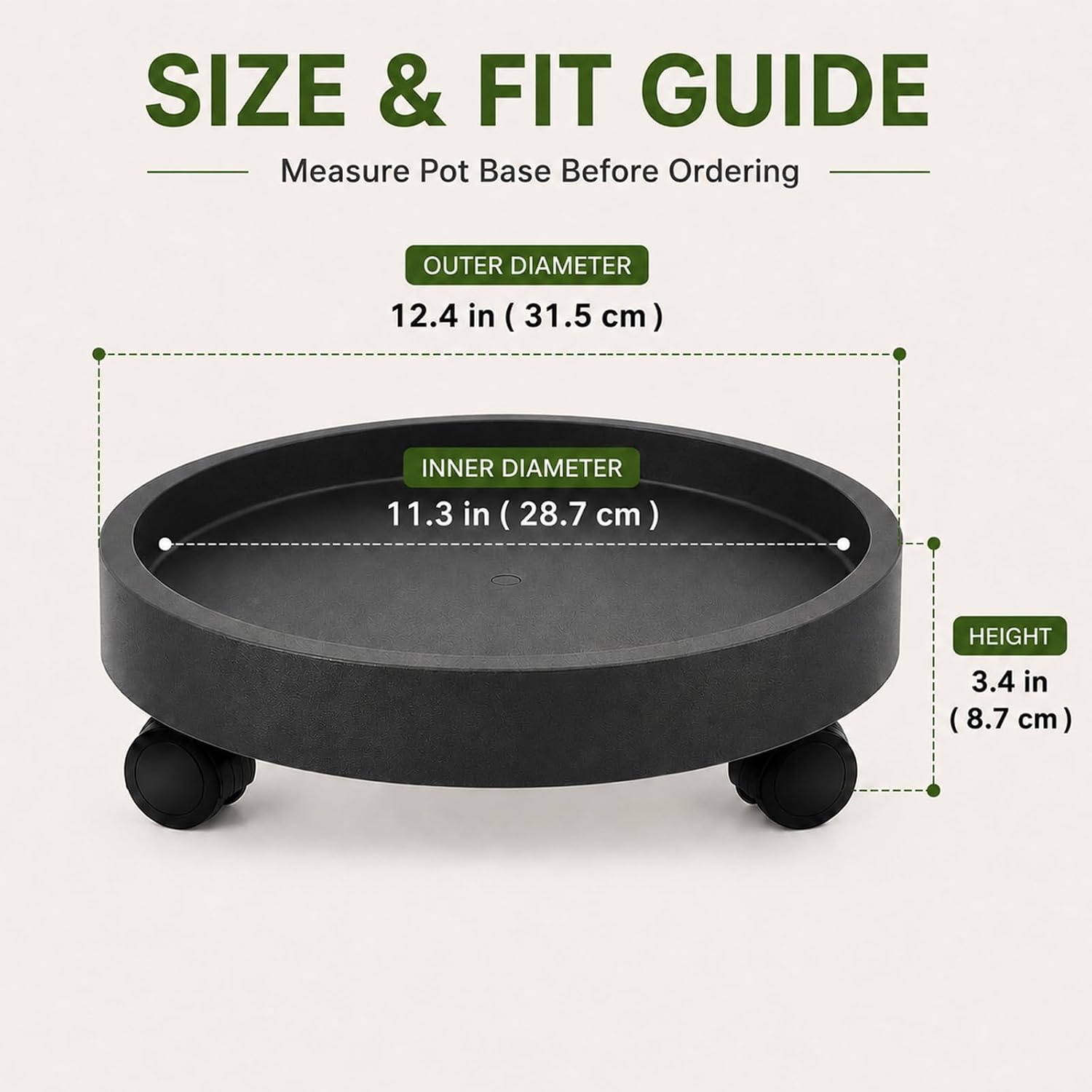 2 Pack 12.4" Plant Caddy with Wheels, Heavy Duty Rolling Plant Stand Dolly | Pot Feet & Water Removal Dropper, Black