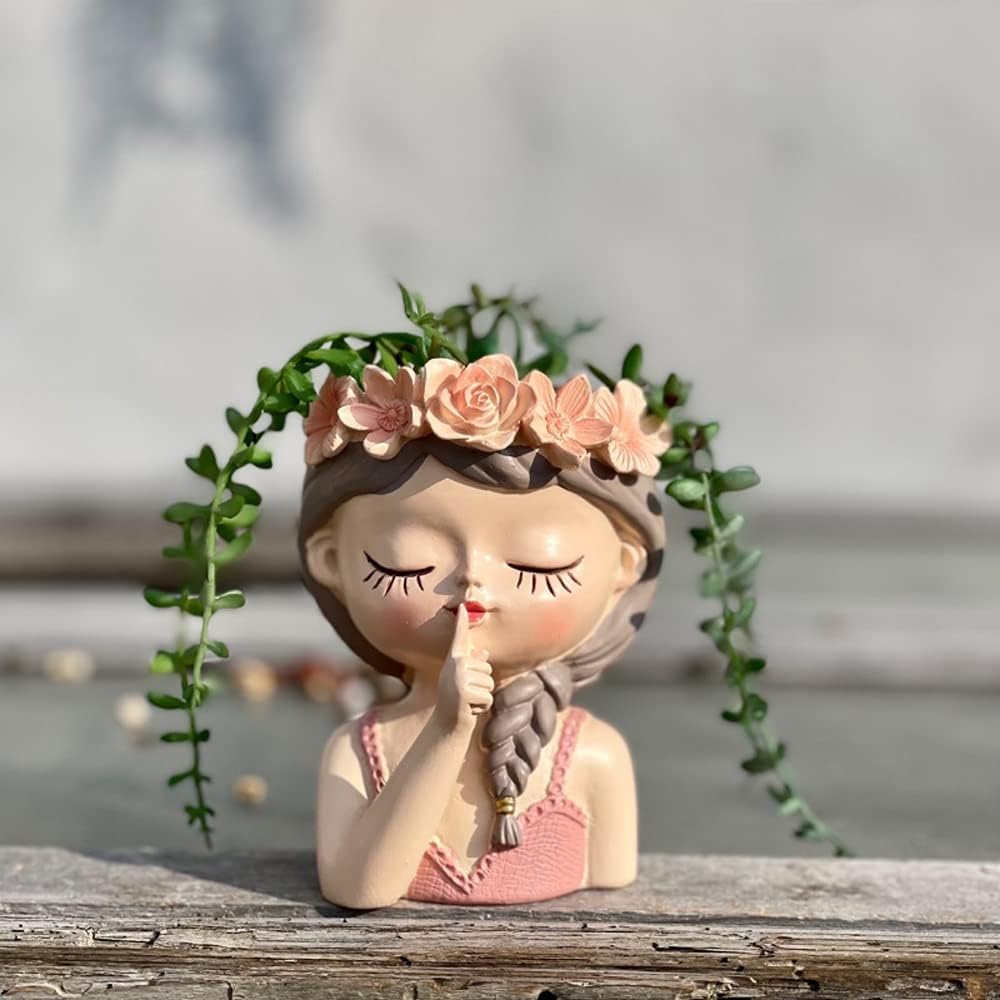 Cute Head Planter Resin Succulent Planter Little Girl Flower Pot, Human Face Cactus Plants Container Bonsai Holder