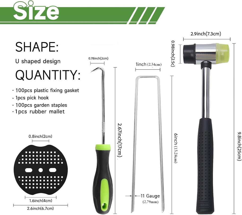 6 Inch Landscape Staples Set, 11 Gauge Galvanized U-Shaped Garden Stakes (100 Pack) with 100 Gaskets, Hook Tool &