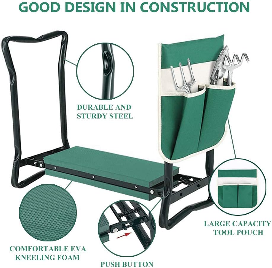 Garden Kneeler and Seat Stool Heavy Duty Garden Folding Bench with Large Tool Pocket and Soft EVA Kneeling Pad for