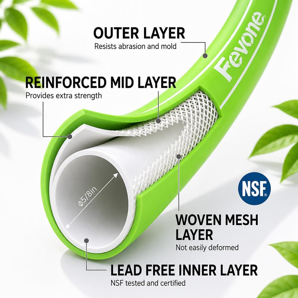 Heavy Duty Garden Hose 55 ft, Hybrid Polymer Water Hose | Flexible, Leak-Free, Lightweight, 5/8 ID, 600 PSI, 3/4 GHT
