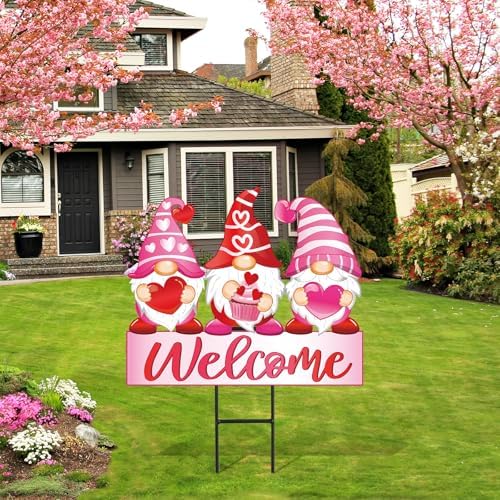 JarThenaAMCS Valentine's Day Metal Garden Stakes Red Pink Heart Gnome Yard Stake Decorative Welcome Lawn Sign for Wedding Anniversary Home Outside Lawn Porch Decor