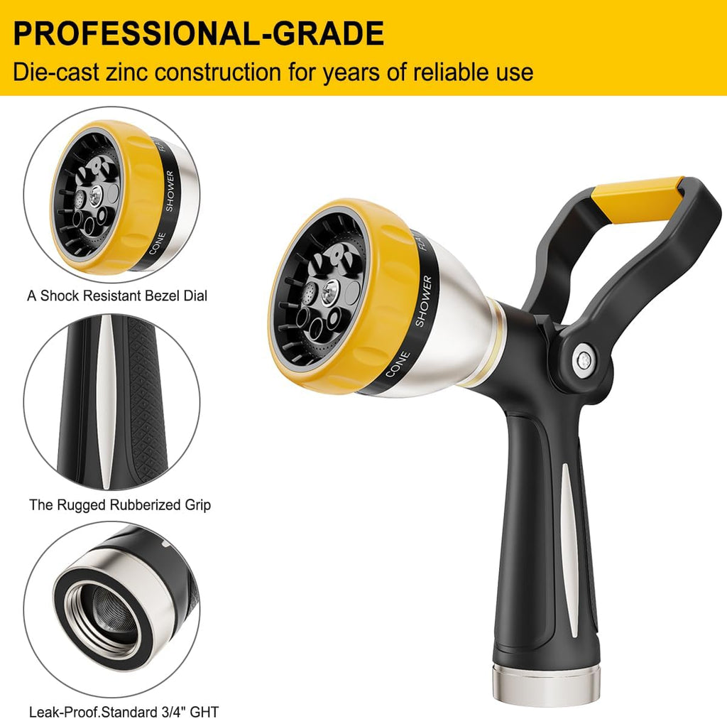FANHAO Fireman Style Garden Hose Nozzle Heavy Duty Metal, 8 Spray Patterns | Large Lever Control, Non-Slip Ergonomic