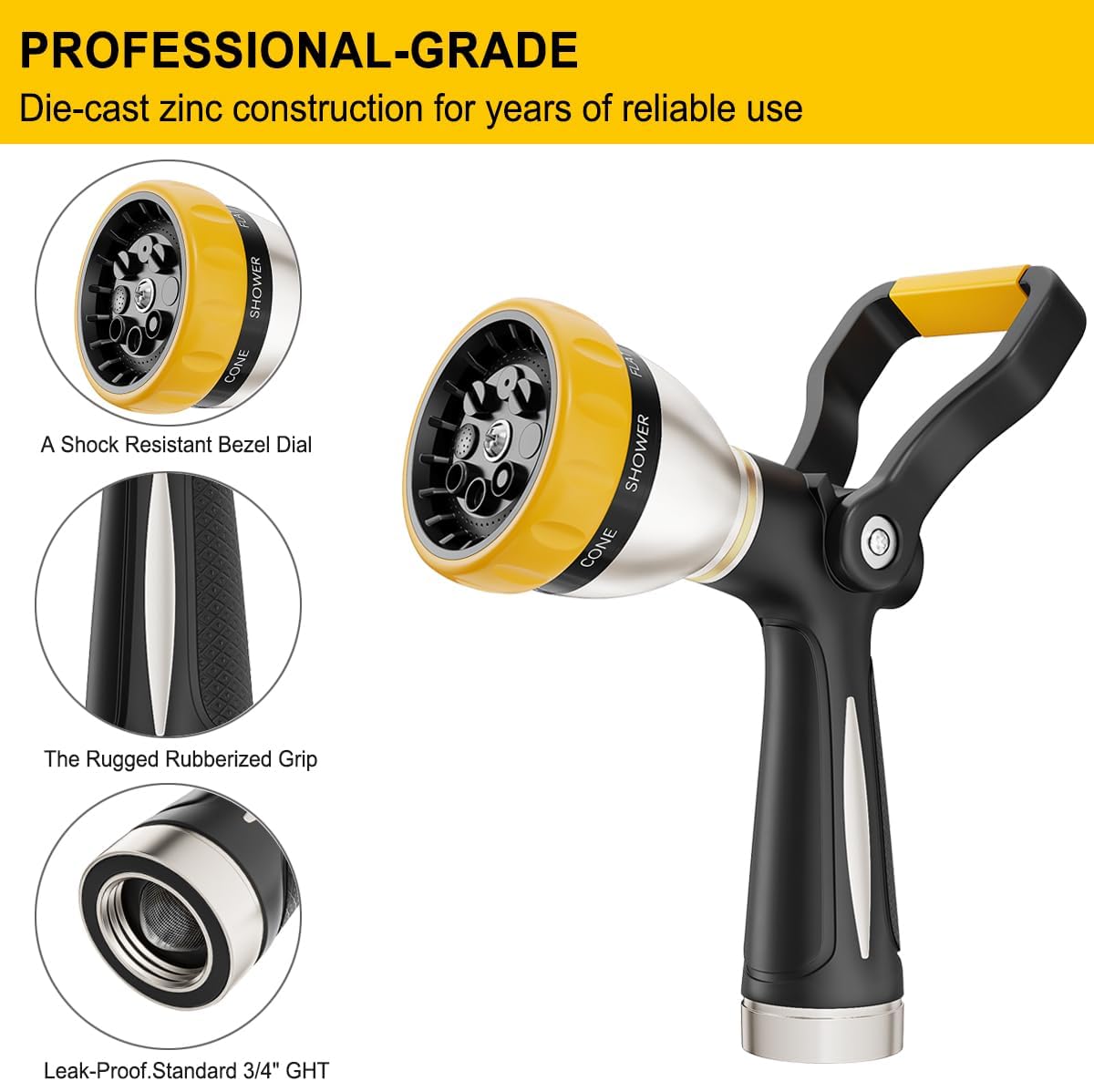 FANHAO Fireman Style Garden Hose Nozzle Heavy Duty Metal, 8 Spray Patterns | Large Lever Control, Non-Slip Ergonomic