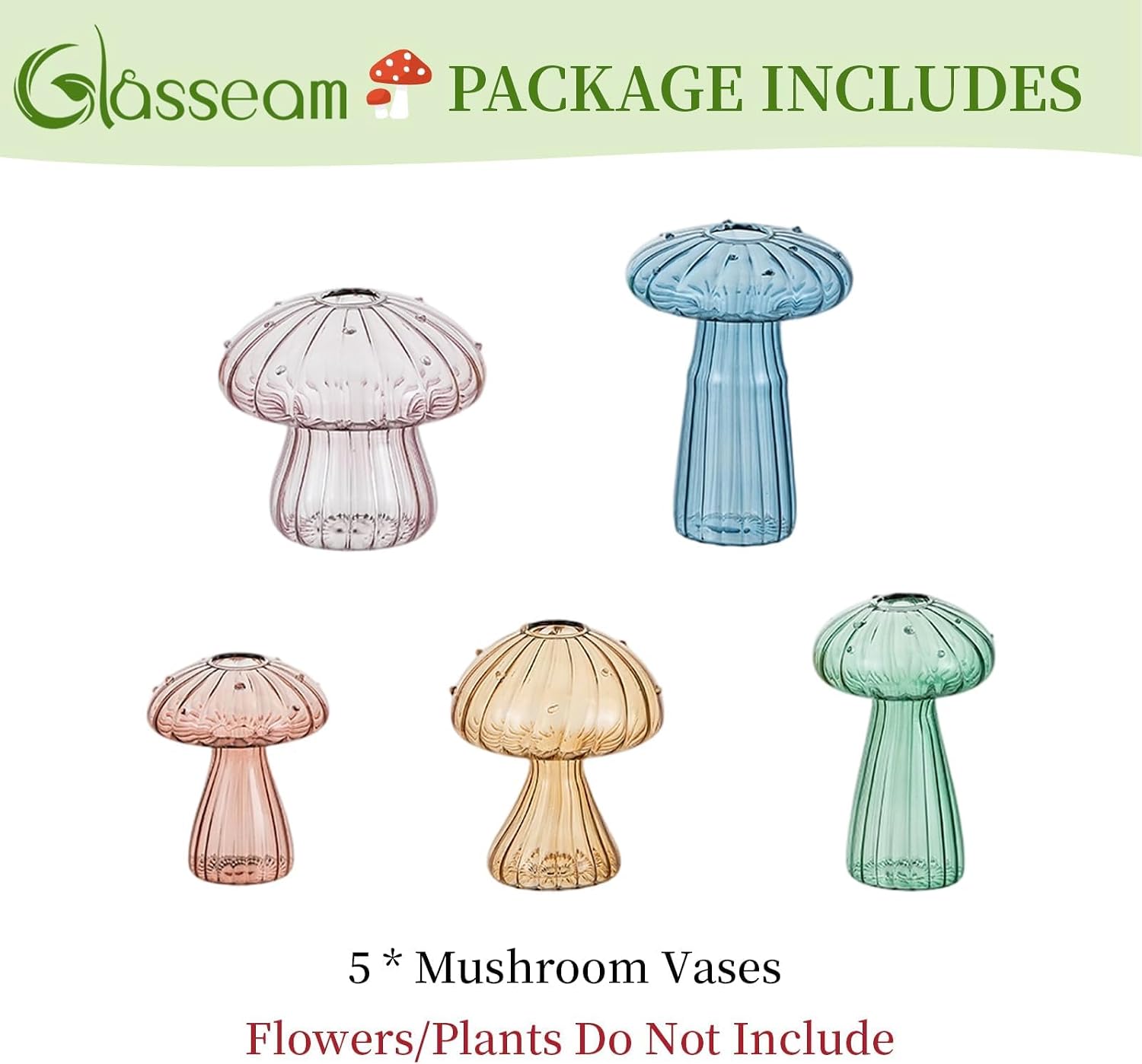 Glasseam Mushroom Plant Propagation Stations: 5 Pcs Glass Propagation Vases | Colored, Hand-Blown, Small Hydroponic