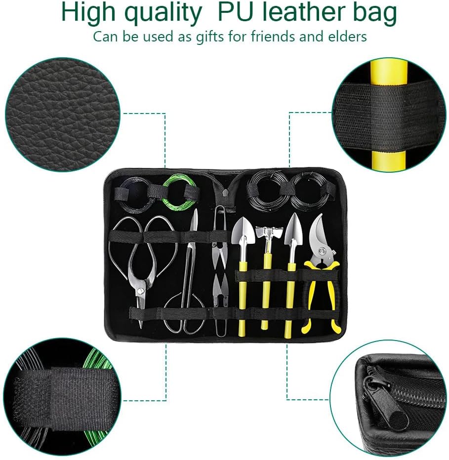 Bonsai Tools Set 13Pcs, Bonsai Essentials with PU Leather Bag, High Carbon Steel Succulent Trimming Kit, for Pruning