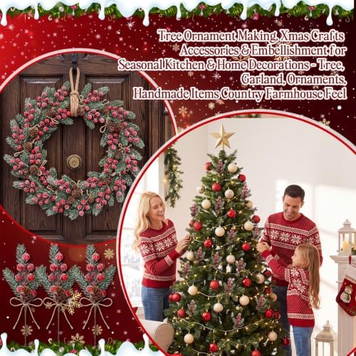 Sanwuta 40 Pcs Christmas Berry Pick with Pinecone, Frosted Red