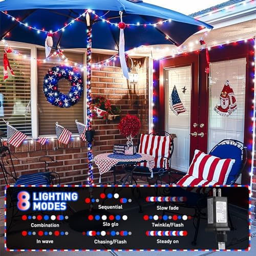JMEXSUSS Red White and Blue Lights, 200 LED 4th of July Lights Plug in