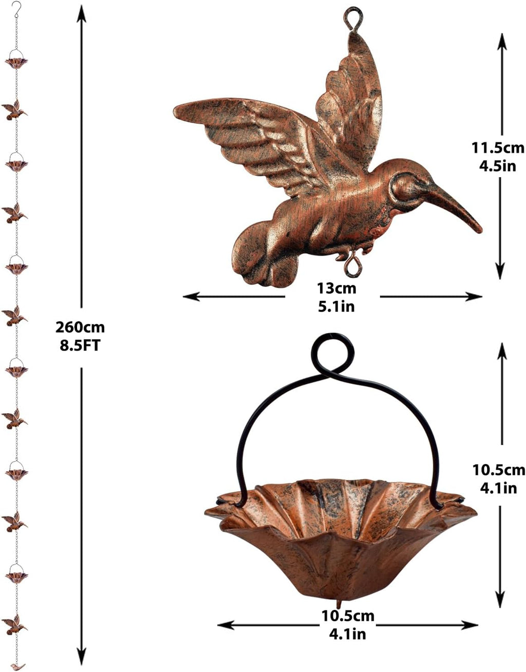 8.5Ft Copper Rain Chains for Gutters | Lotus Rain Catcher Chain for Gutters Outside with Adapter, Hummingbird and Cup
