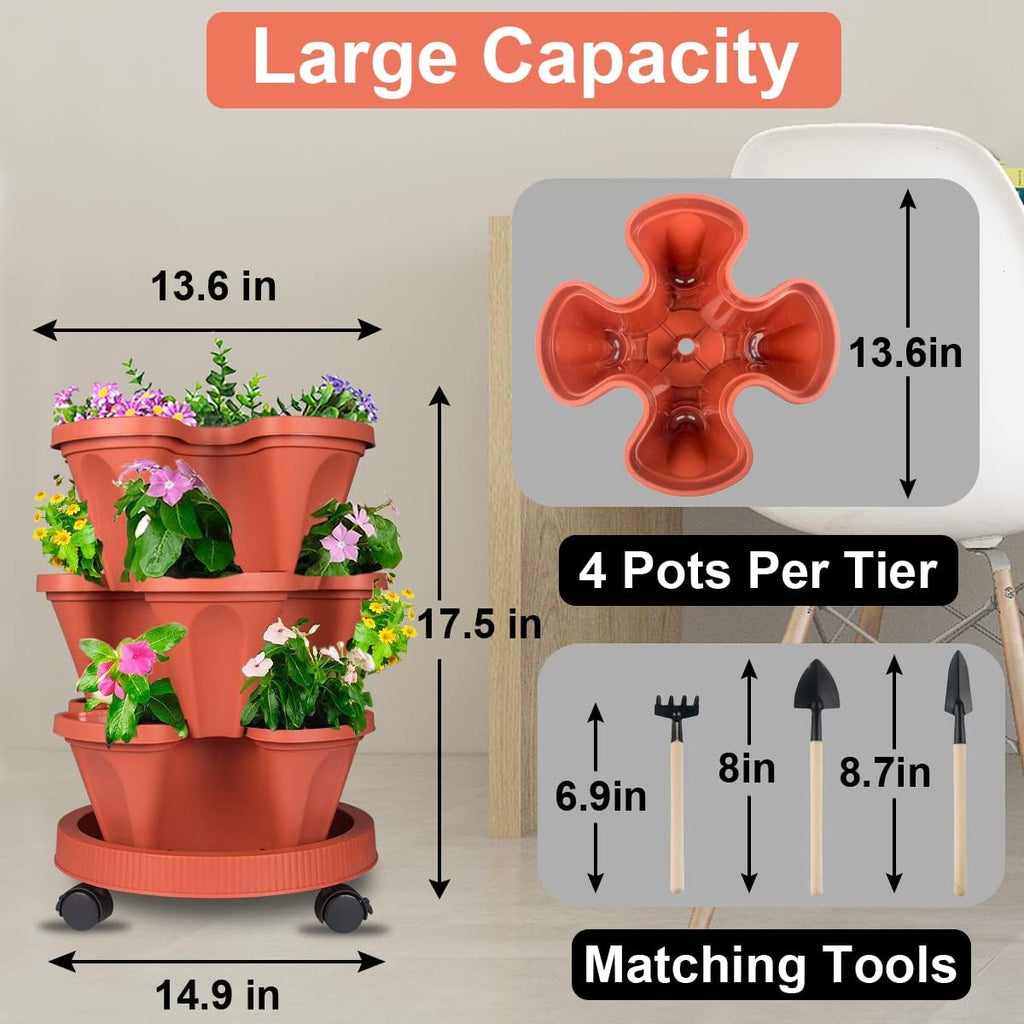 DUNCHATY Stackable Planters 3 Tier Vertical Garden Planting Tower Planters Strawberry, Herb, Flower, and Vegetable