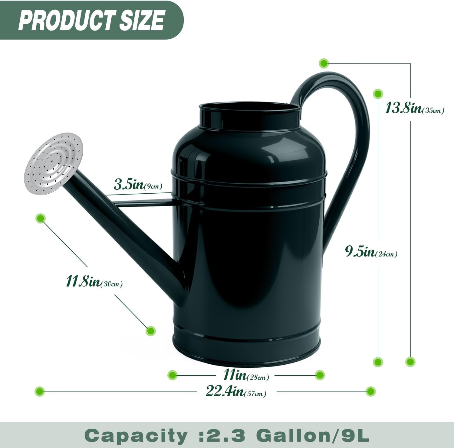 2.3 Gallon Dark Green Metal Watering Can for Plants and Garden with Removable Spout, Made of Galvanized Iron