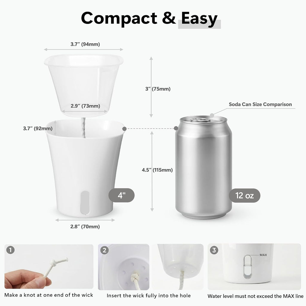 10 Pack 4" Self Watering Small White Plant Pots for Indoor Plants, Clear Inner Cup, Water Level Indicator, Drainage