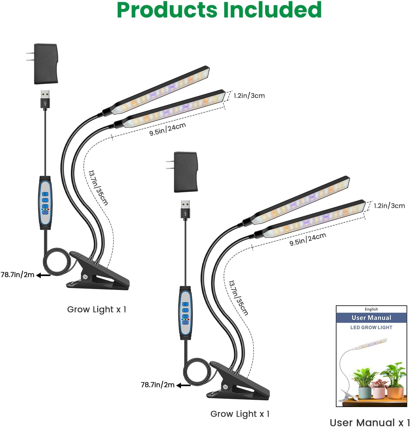 Aumtrly Grow Light Clip on, 2 Pack Black, 228 LED Full Spectrum Plant Lamp | for Seed Starting and Indoor Plants