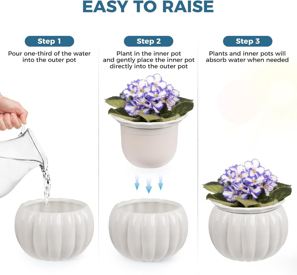 BUYMAX 6 Inch Self Watering Ceramic African Violet Pot Indoor Plant Pot | Pumpkin Style Design | Automatic Water