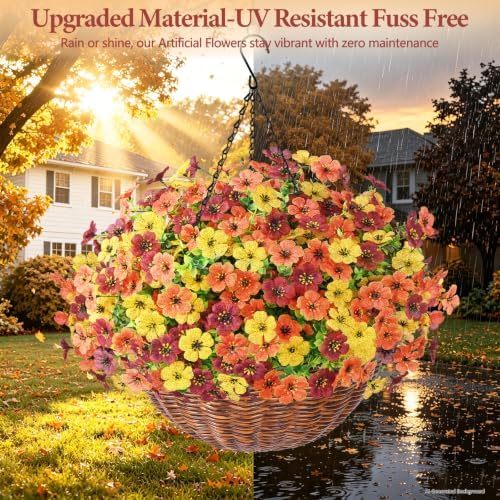 Yastouay 24 Bundles Fake Mums Fall Hanging Basket for Outdoor Decorations