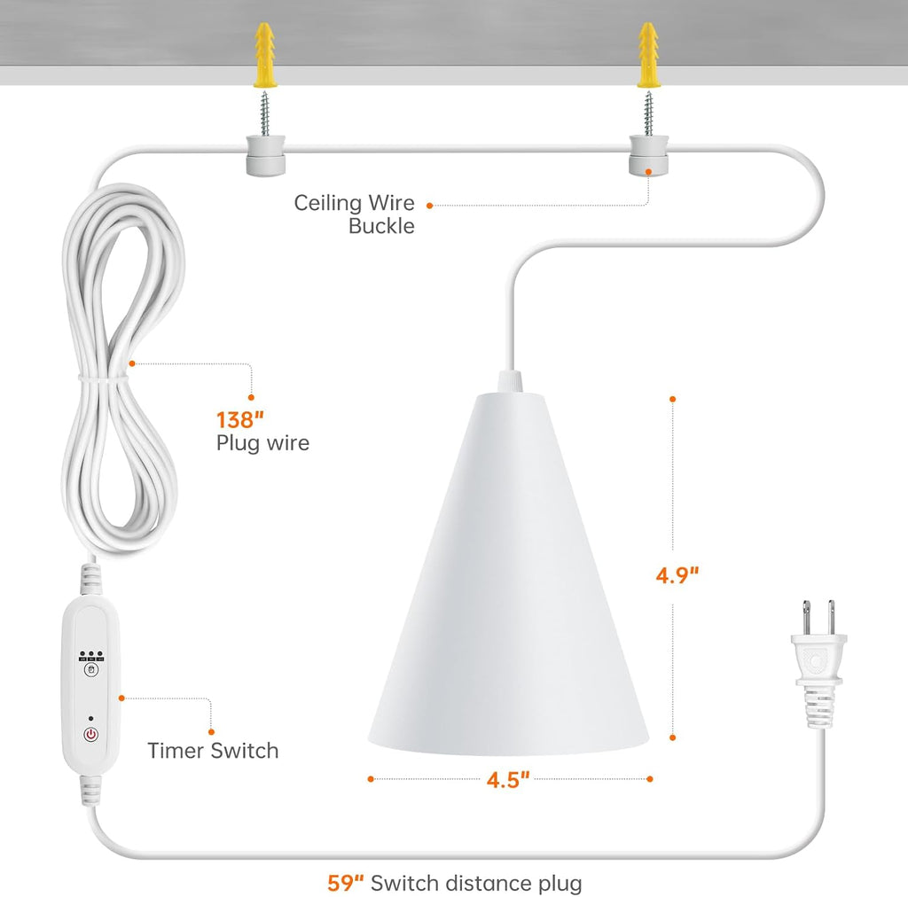 Hanging Grow Light for Indoor Plants, 5000K | 25W Full Spectrum Plant Light, 4H/9H/14H Timer& 16.4FT Power Cord for