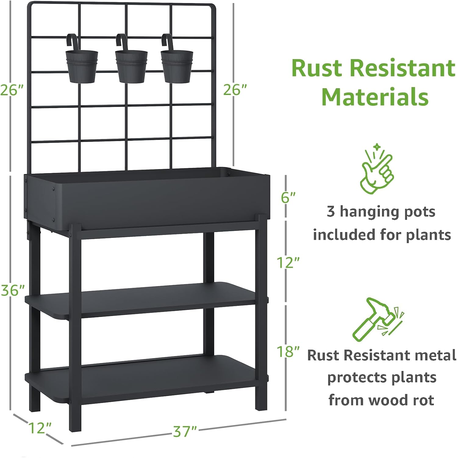 Metal Raised Garden Bed with Trellis & Legs | 2-tier shelf, 3 flower pots, 36" tall no-bend, rust-resistant, ideal for