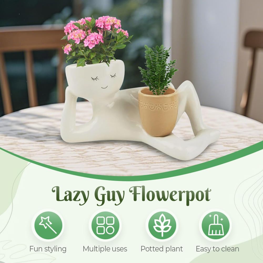 2026 New Lazy Guy Sleepy Face Planter, Funny Flower Plant Potswith Double Flower Pot for Indoor Plants, Side Lying
