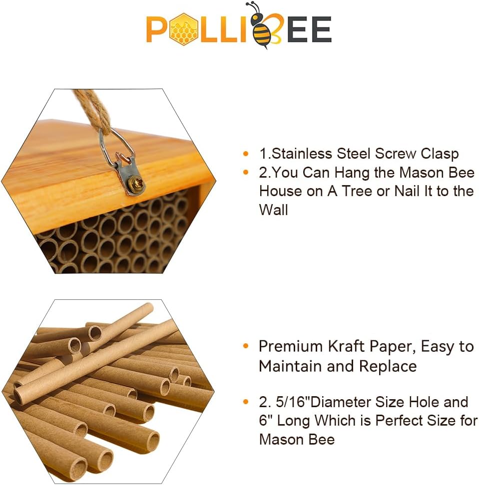 Mason Bee House - Wax Coated Bee Hotel for the Garden, Natural Handmade Wooden bee Home, Mason Bee Home for Outdoors
