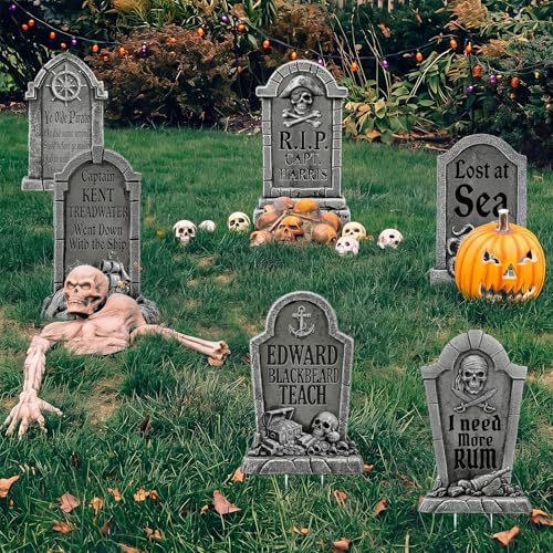 RattanView 6 Pcs Pirate Halloween Tombstones Yard Signs with Stakes 15.8 Inch Waterproof Halloween Yard Signs for Graves Pirate Outdoor Scary Decorations for Garden Lawn RIP Graveyard Tombstone Decor