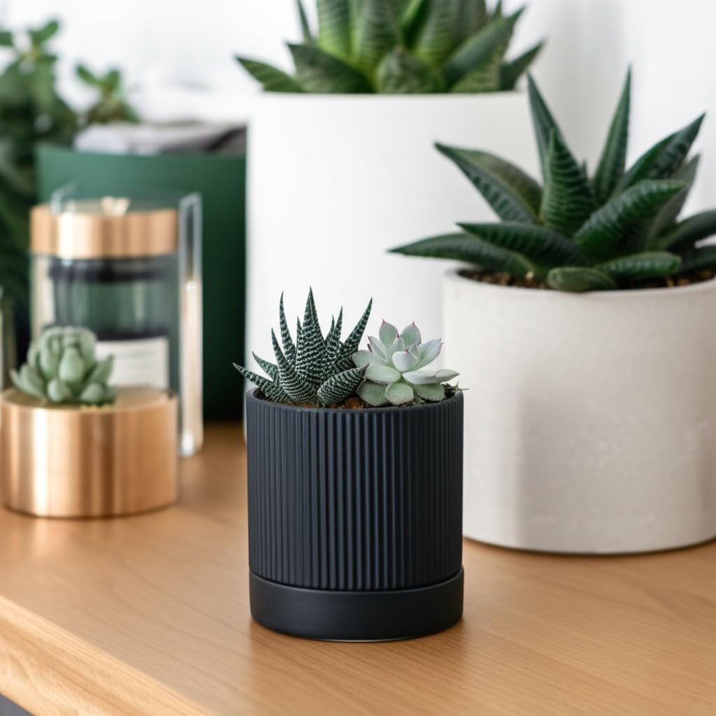 HERDUK Small Plant Pots, 4 Inch Pots for Indoor Plants, Modern Minimalist Ceramic Plant Pots with Drainage Hole &