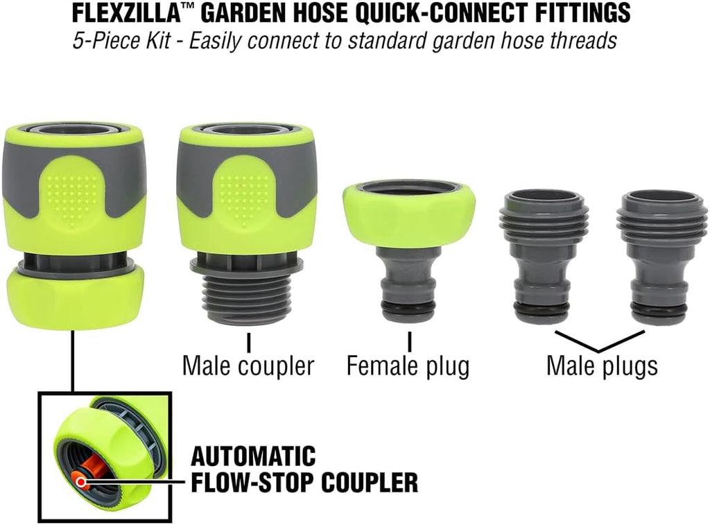 Flexzilla Garden Hose Kit with Quick Connect Attachments - HFZG12050QN & HFZGAK14 Garden Hose Quick-Connect Fittings