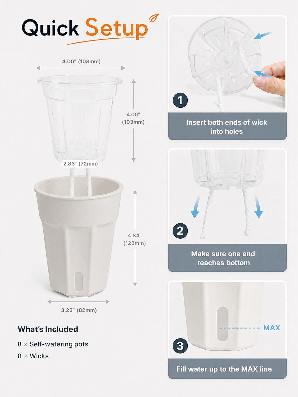 8 Pack 4" Self Watering Pots for Indoor Plants, Clear Inner Cup Planters with Drainage & Water Level Window, Absorbent