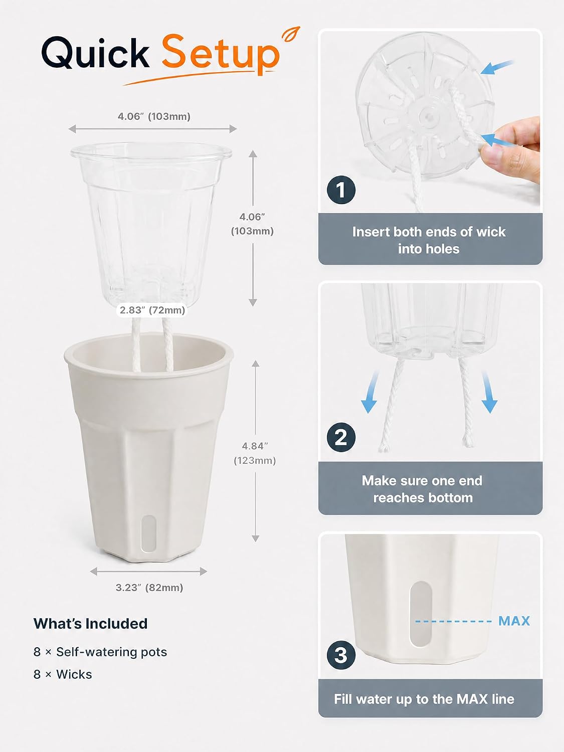 8 Pack 4" Self Watering Pots for Indoor Plants, Clear Inner Cup Planters with Drainage & Water Level Window, Absorbent