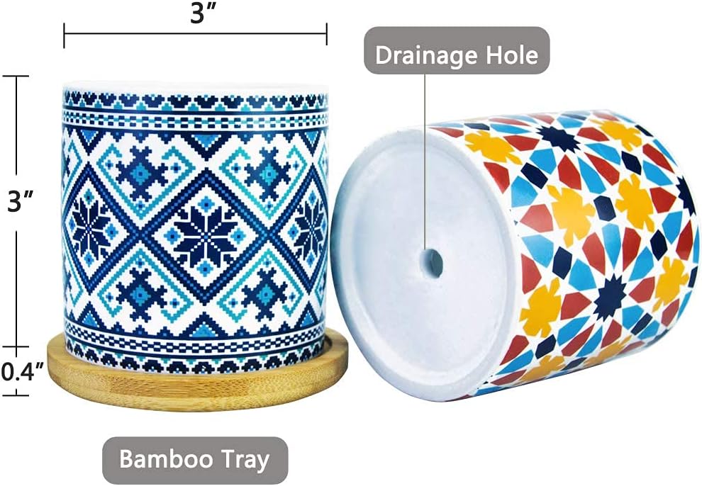 6 Pack Mandala Succulent Plant Pot with Bamboo Trays, Ceramic Multicolored Succulent Container Planter Pot for Small
