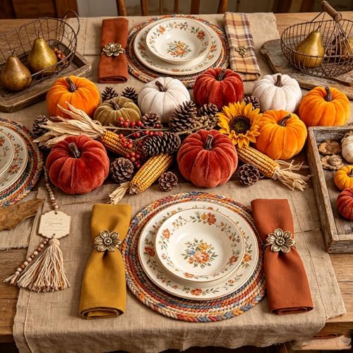 FJAKA 12 Pcs Velvet Pumpkin Mini Decor, Artificial Small Foam Pumpkins Fall Thanksgiving Home Table Indoor Decorations