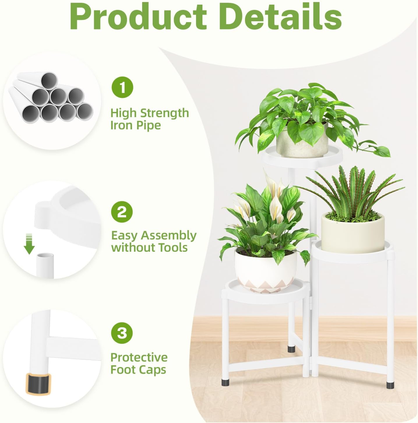 iDavosic.ly 3 Tier Folding Plant Stand Indoor Outdoor, Plastic Tray, White | Space Saving Tiered Corner Storage Display