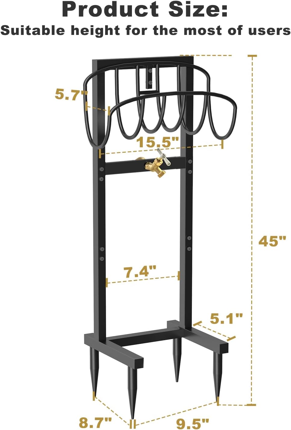 Outdoor Garden Hose Holder Freestanding with Brass Faucet And 4 Spikes, Heavy Duty Metal Water Hose Reel Stand Hanger