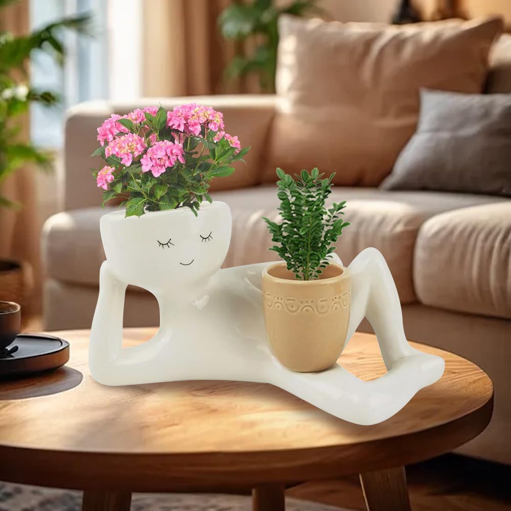 2026 New Lazy Guy Sleepy Face Planter, Funny Flower Plant Potswith Double Flower Pot for Indoor Plants, Side Lying
