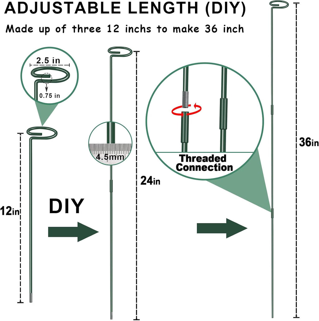36 Inch Plant Sticks Support Tall Three Sizes (12 or 24 or 36 Inch), 8 Pcs 4.5mm Adjustable Outdoor and Indoor Plant